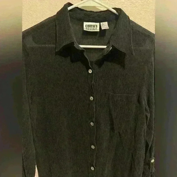 Vintage Chico’s Design Y2K Women’s Silk Black Long Sleeve Ribbed Button Up Top - Picture 2 of 9